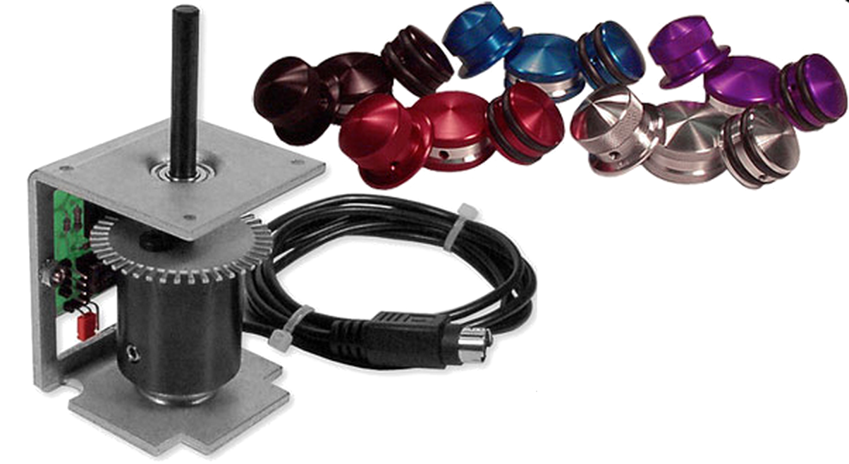 The Tornado Spinner assembly with its cable, and knobs in red, blue, purple, silver, black and burgundy